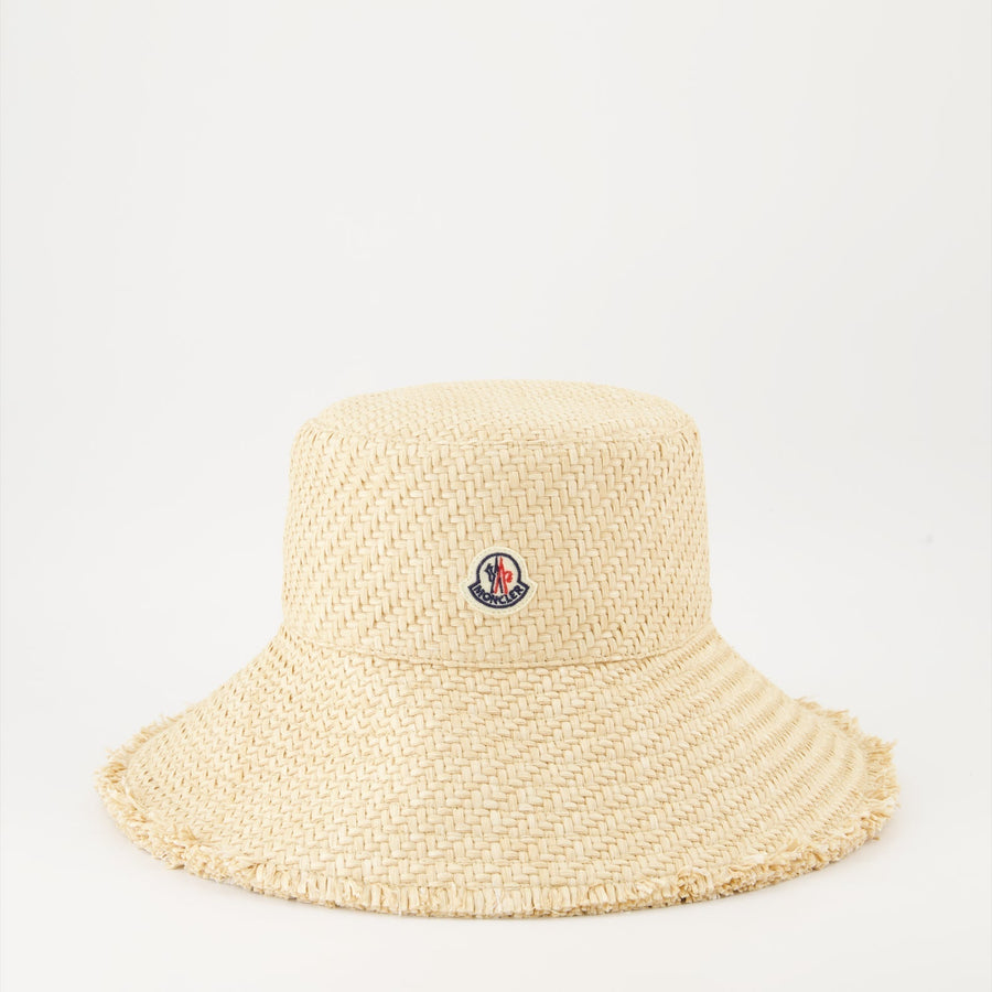 Moncler Woven Straw Bucket Hat with Logo
