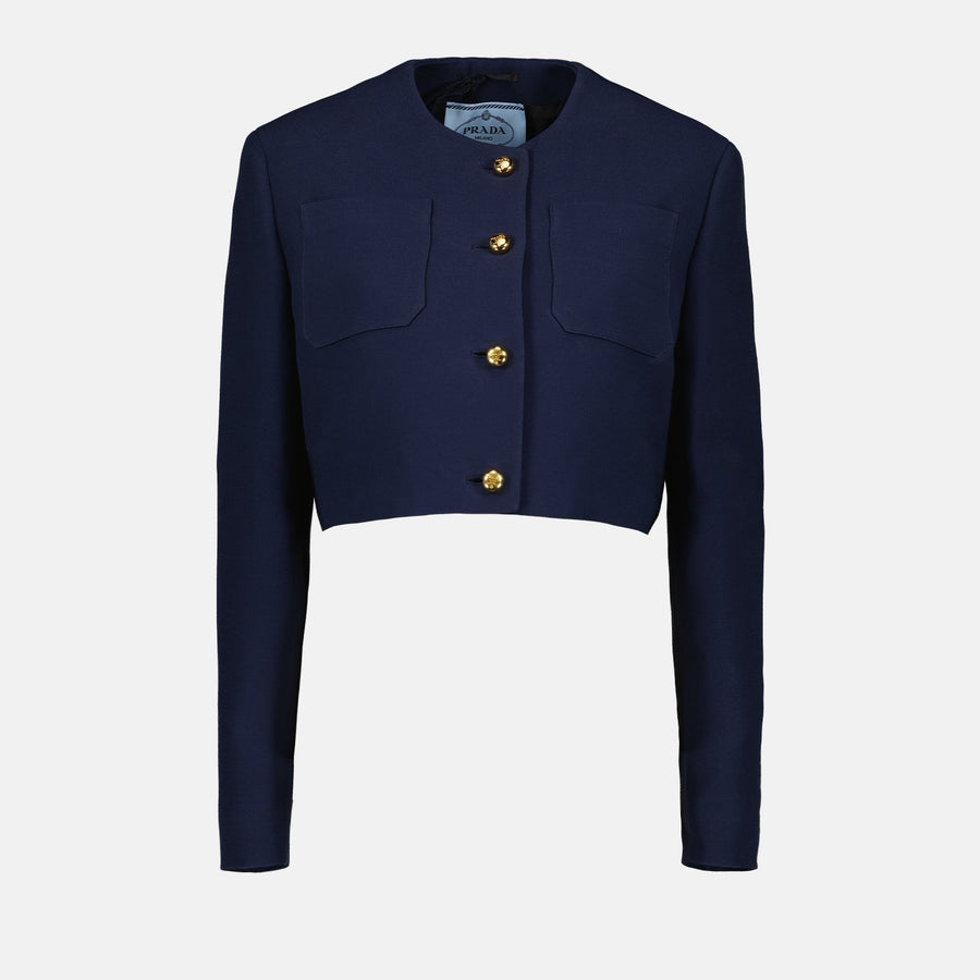 Prada Cropped Structured Jacket with Gold Buttons