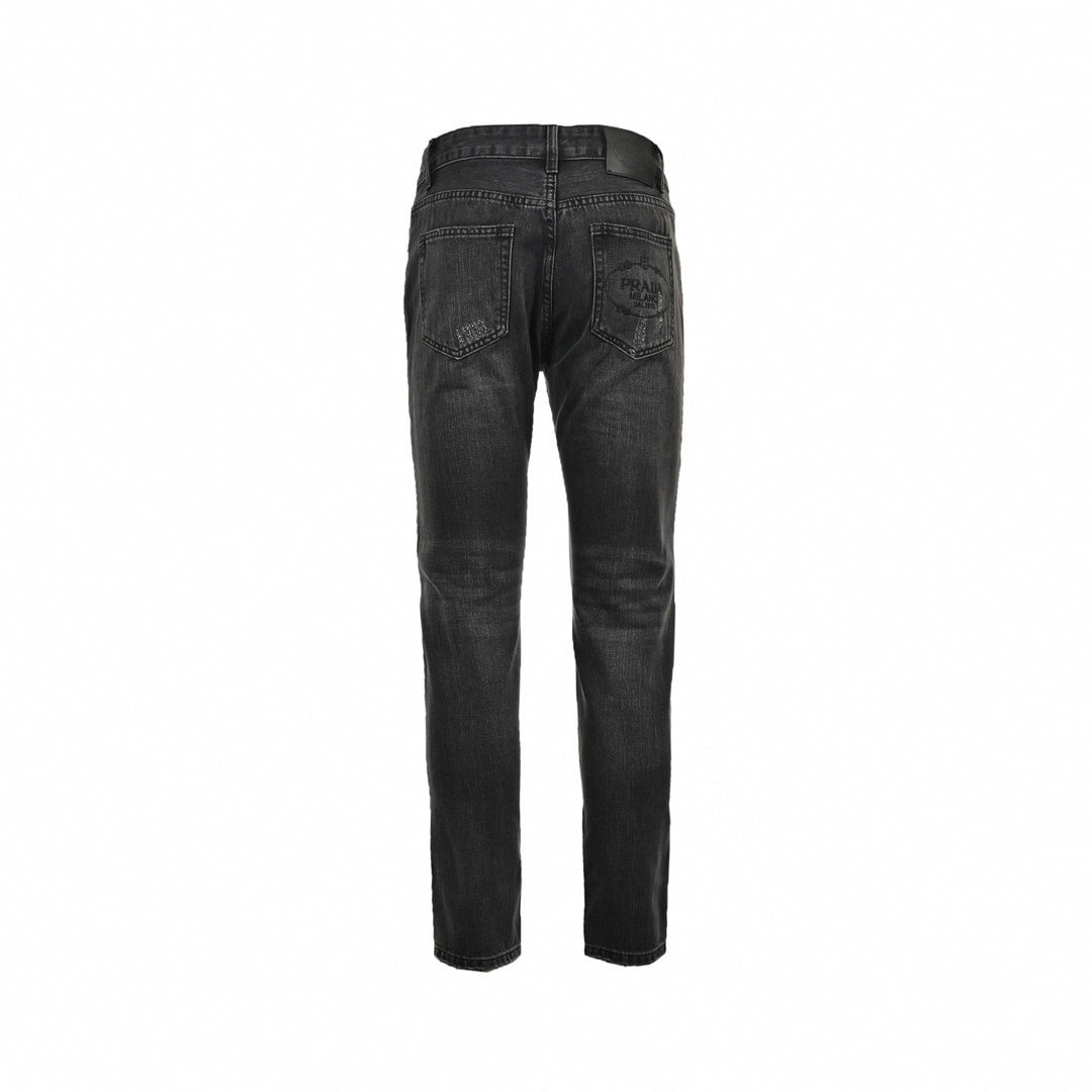 Prada Distressed Black Denim Jeans with Embroidered Back Logo - image 2