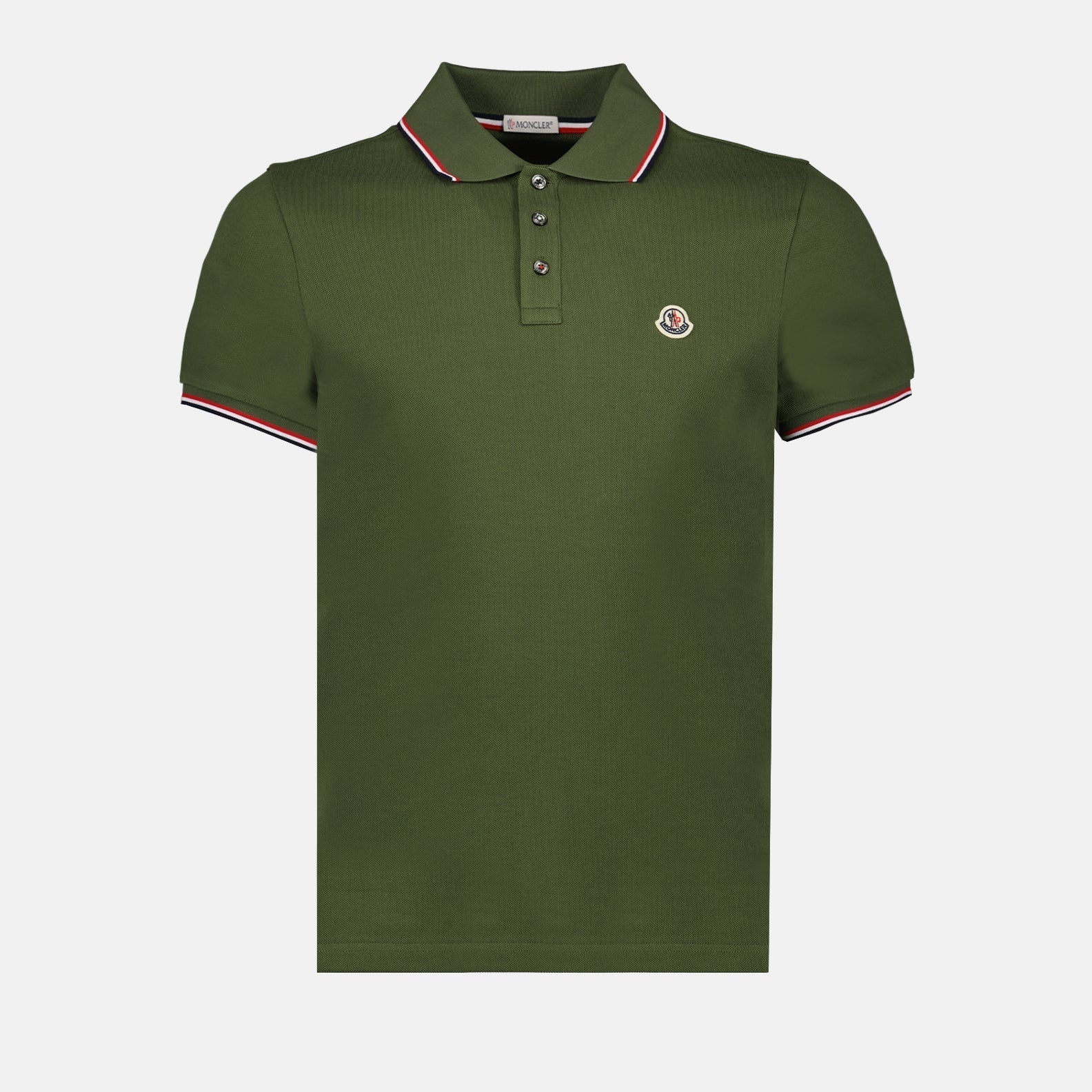 Moncler Moncler Olive Green Polo Shirt with Signature Tricolor Trim