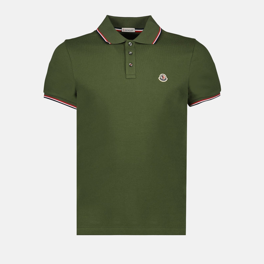 Moncler Moncler Olive Green Polo Shirt with Signature Tricolor Trim