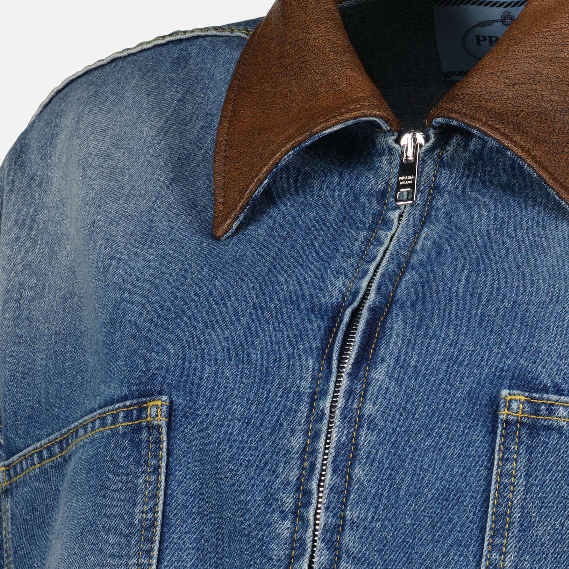 Prada Cropped Denim Jacket with Leather Collar - image 3