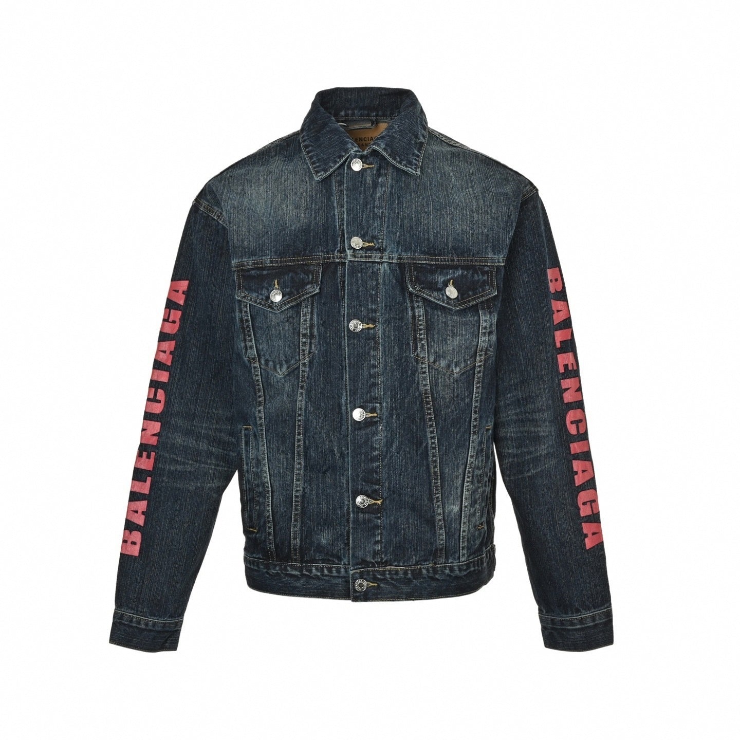 Balenciaga Heart & Logo Print Washed Denim Jacket