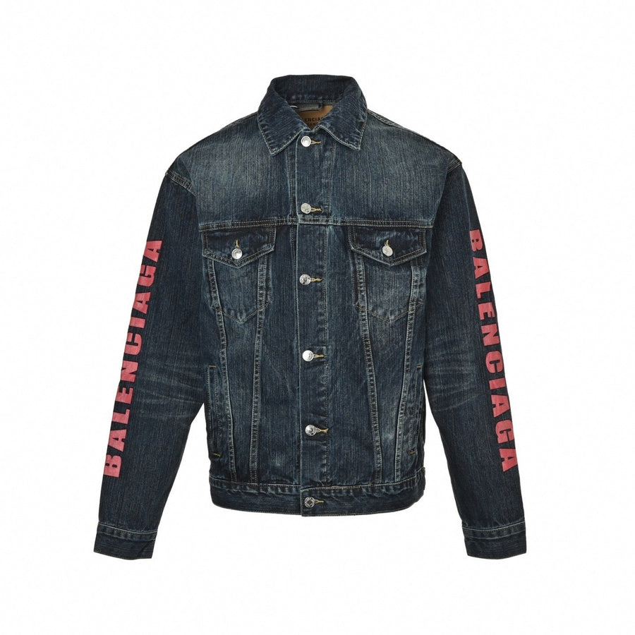 Balenciaga Heart & Logo Print Washed Denim Jacket