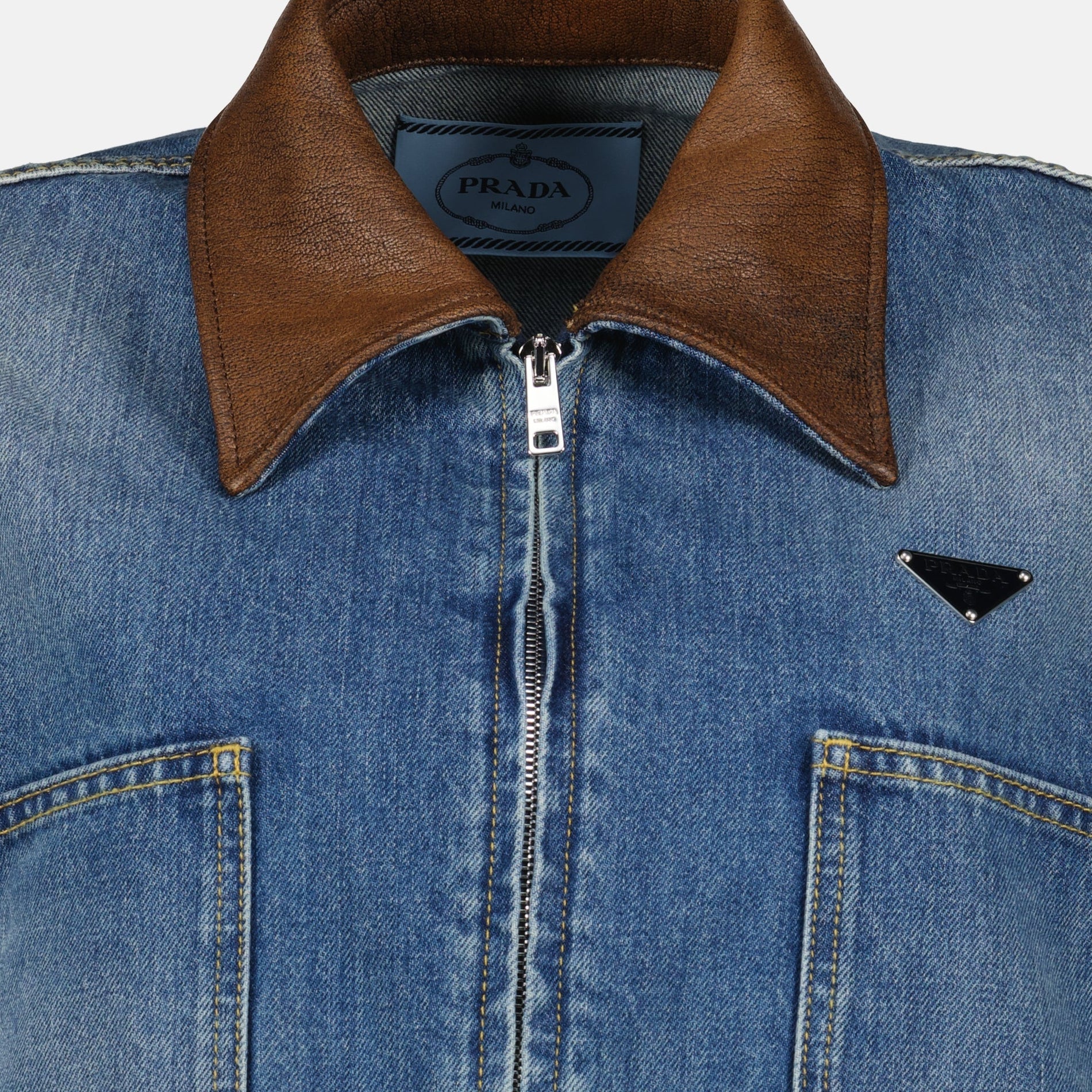 Prada Cropped Denim Jacket with Leather Collar - image 4