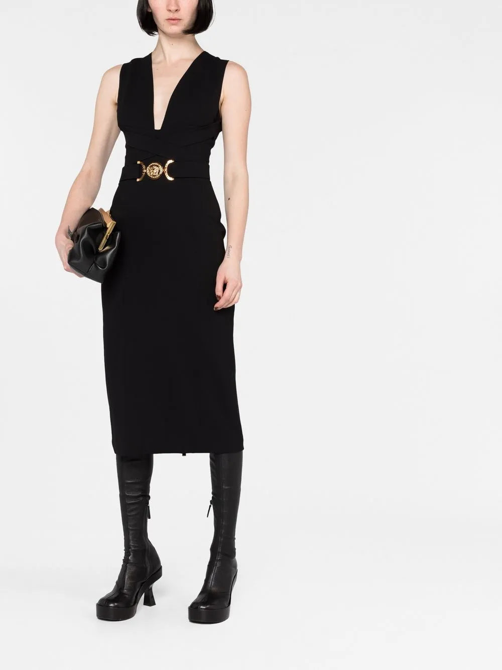 Versace Belted V-Neck Midi Dress with Medallion Detail - image 2