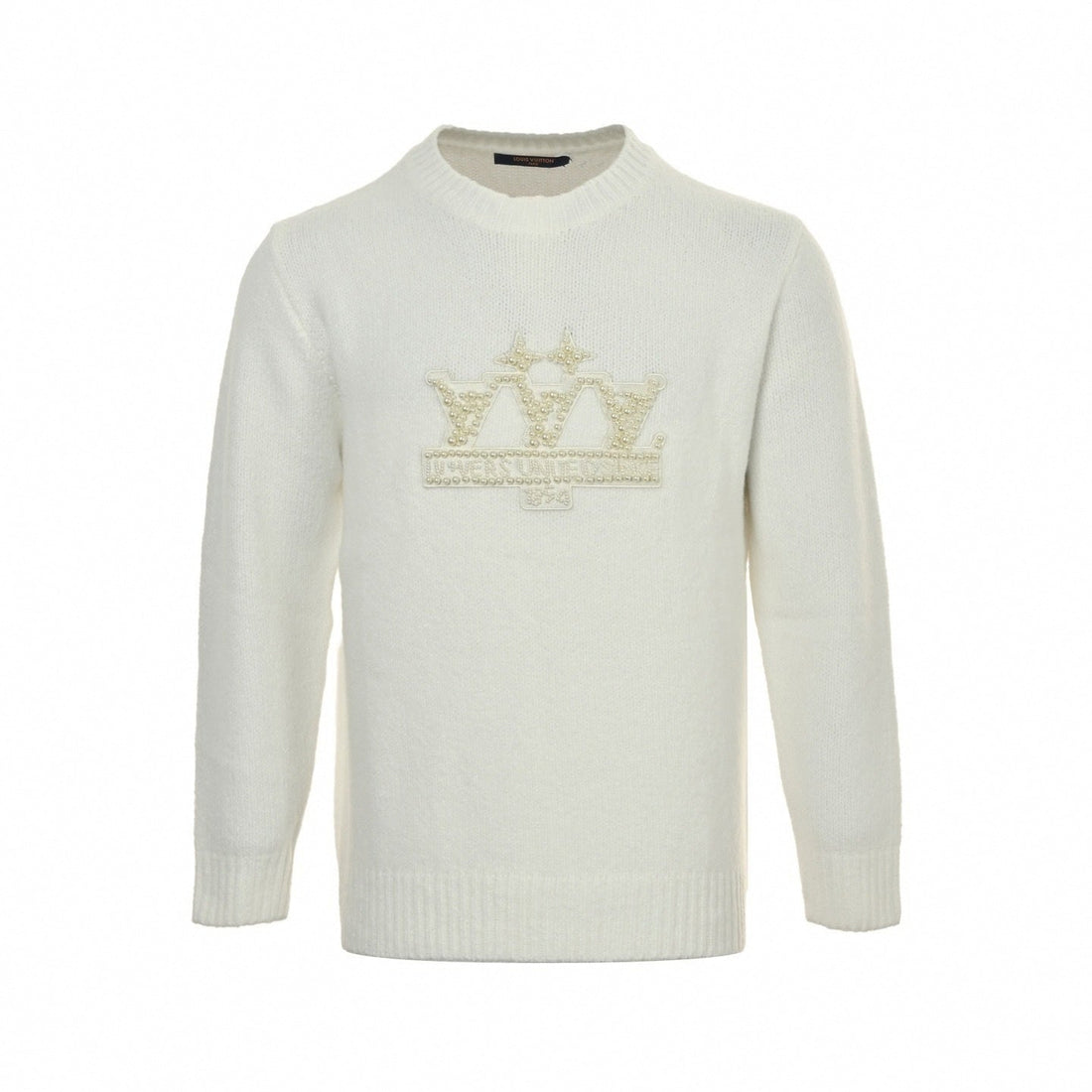 Pearl-Embellished Crown Motif Wool Knit Sweater – Ivory White