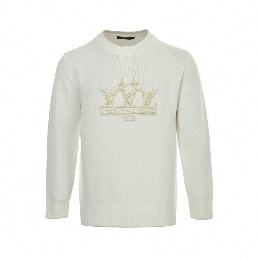 Louis Vuitton Pearl-Embellished Crown Motif Wool Knit Sweater – Ivory White