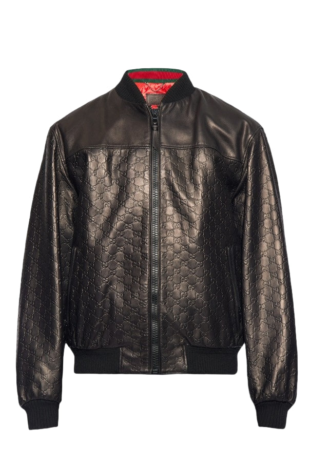 Gucci Black GG Monogram Leather Bomber Jacket