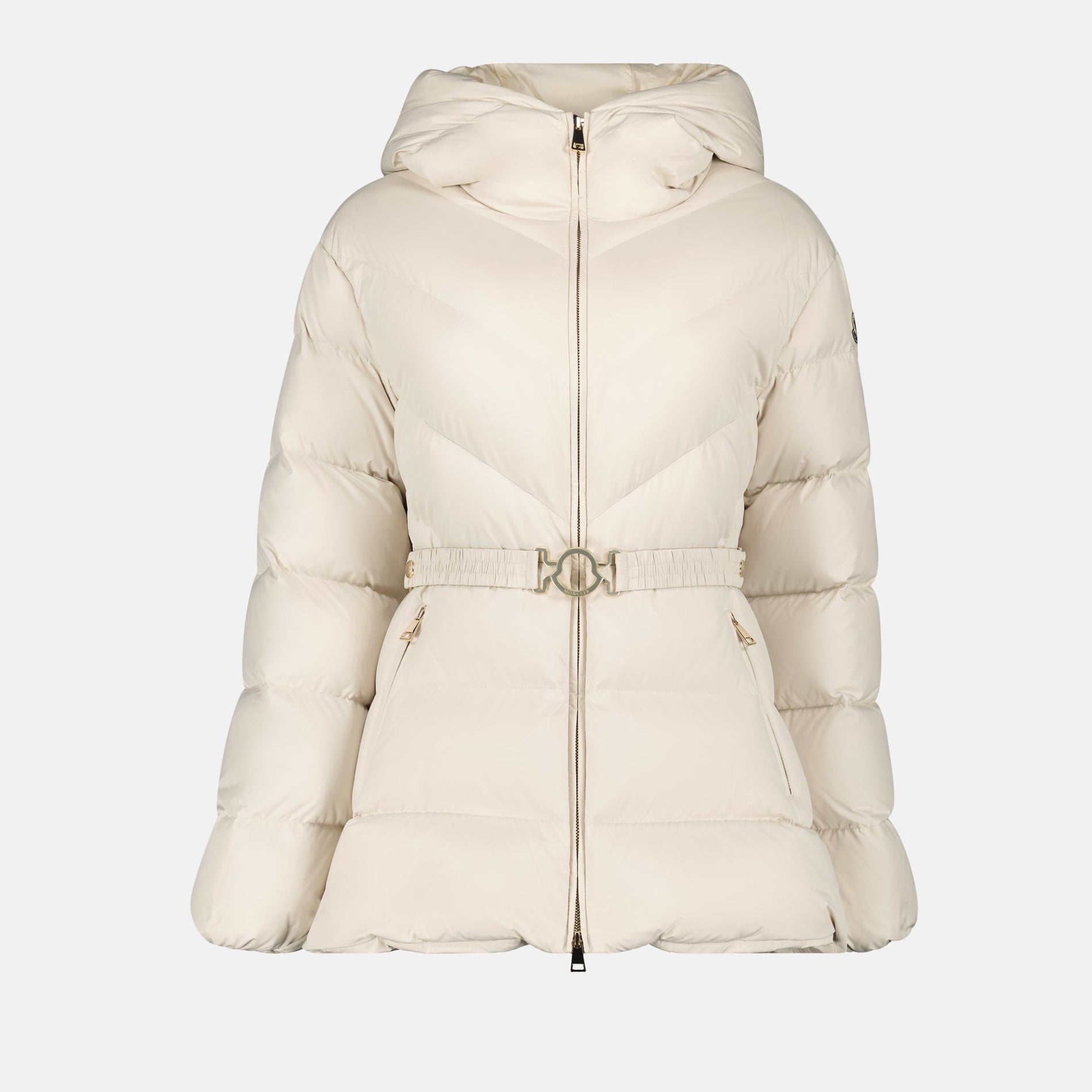 Moncler Cream Belted Hooded Puffer Jacket
