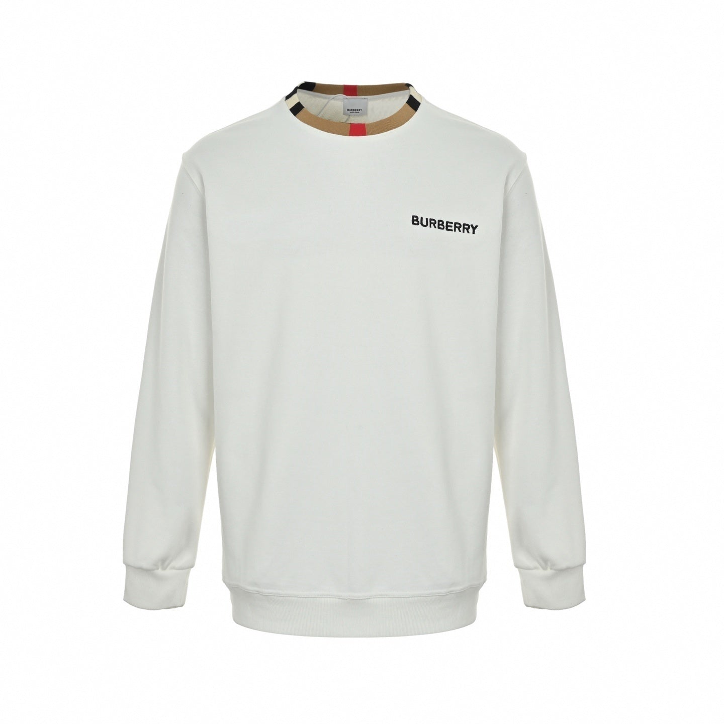 Burberry Boutique White Crewneck Sweatshirt with Icon Stripe Trim