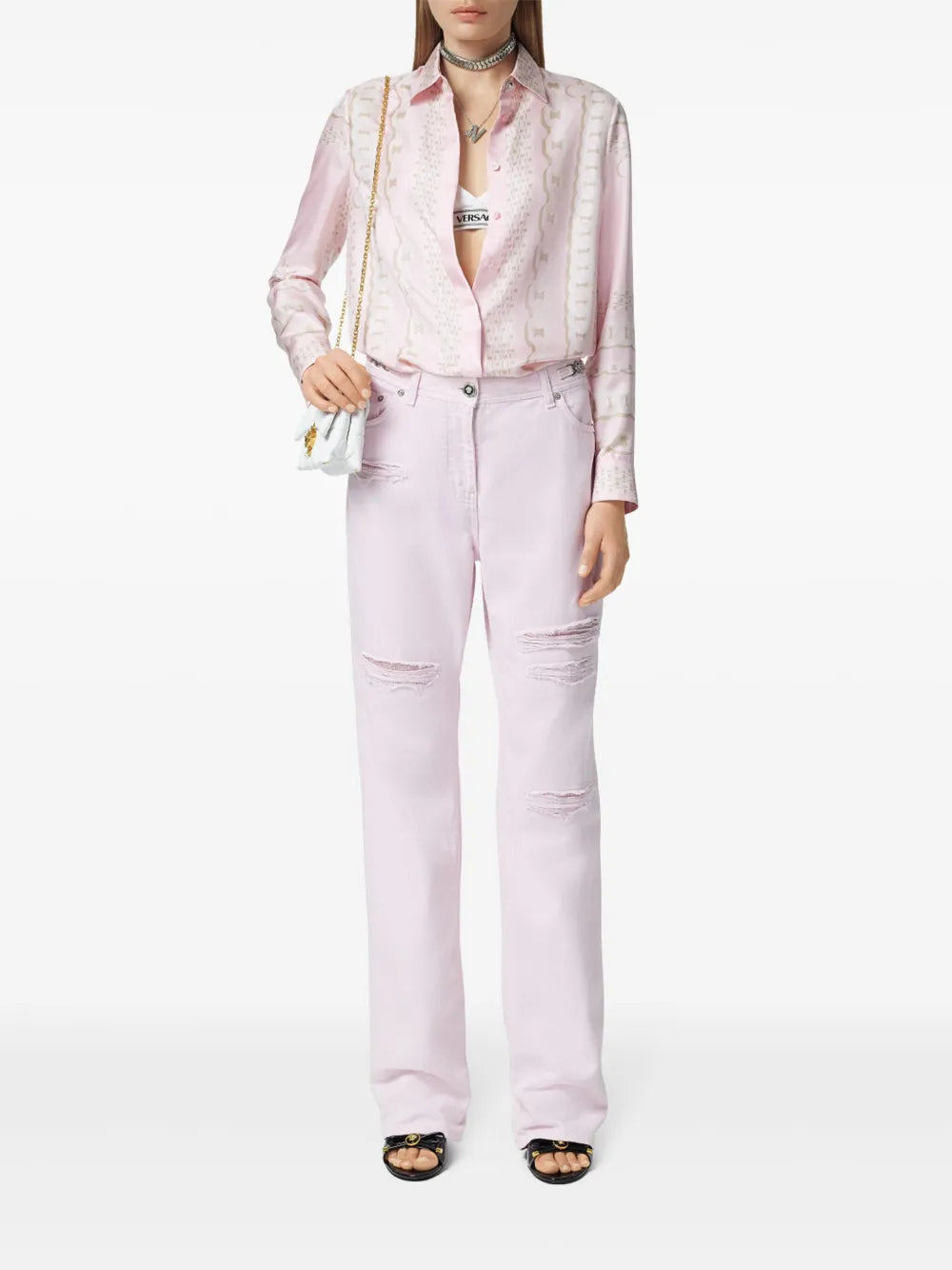 Versace Pink Chain Print Silk Shirt - image 2