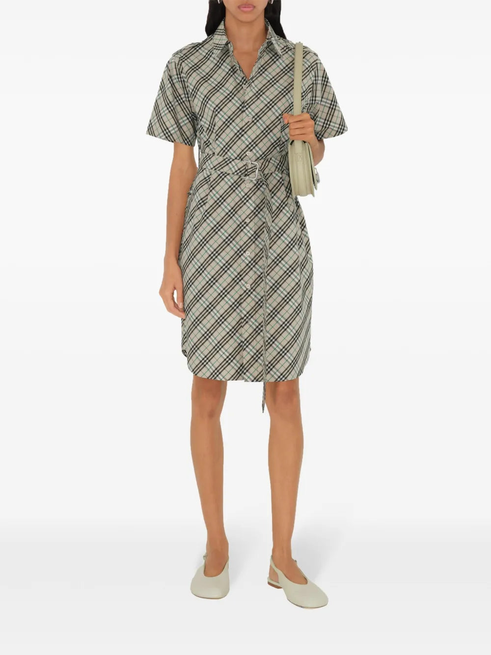 Burberry Short Sleeve Check Belted Shirt Dress – Light Beige - image 2
