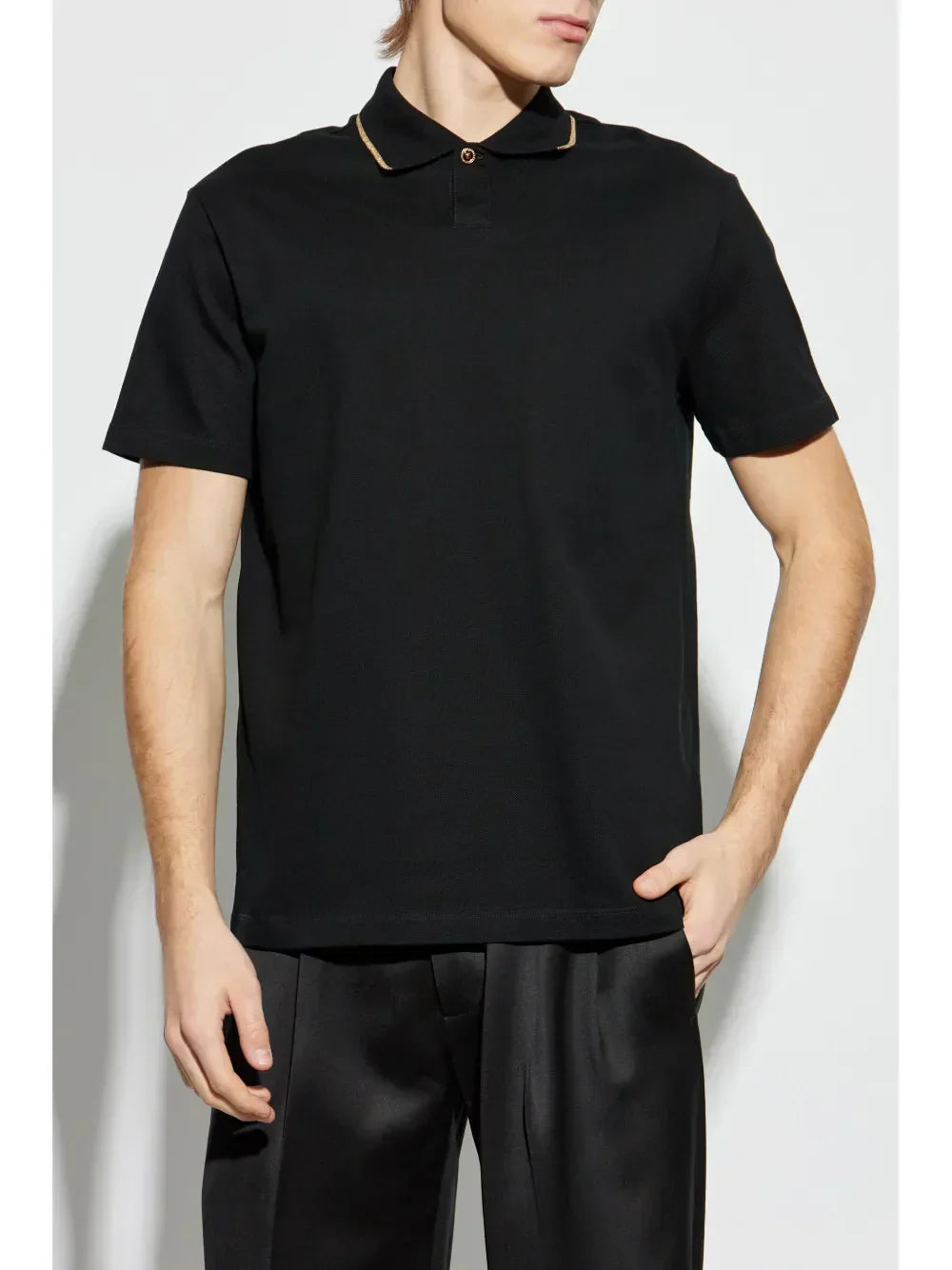 Versace Versace Black Polo Shirt with Gold Medusa Button Detail - image 3