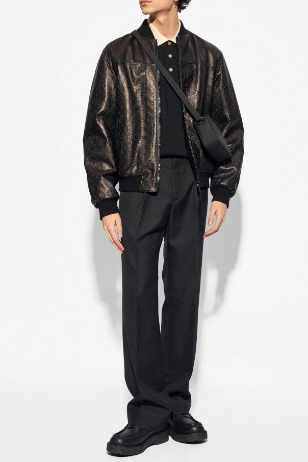 Gucci Black GG Monogram Leather Bomber Jacket - image 2
