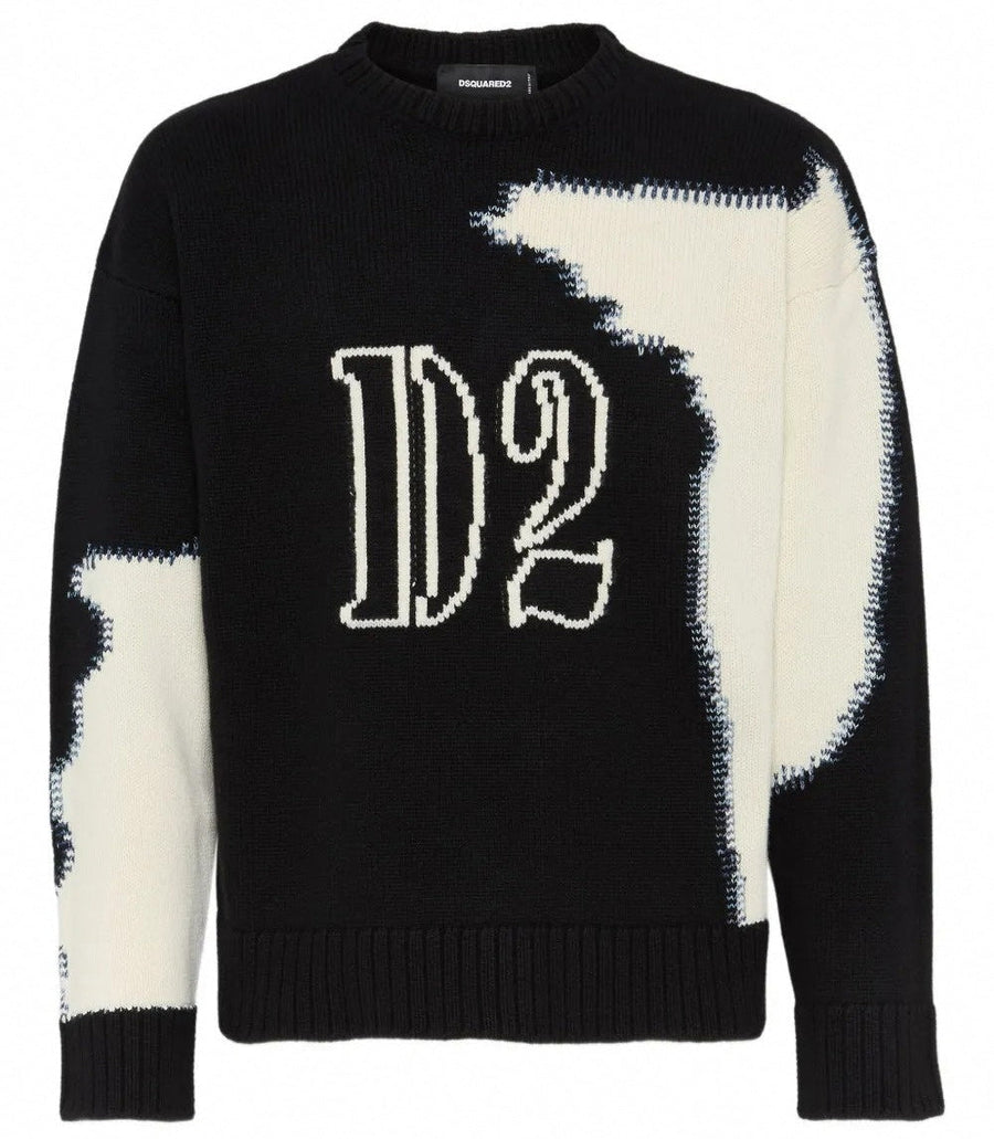 Dsquared2 Black & White Intarsia-Knit “D2” Logo Jumper