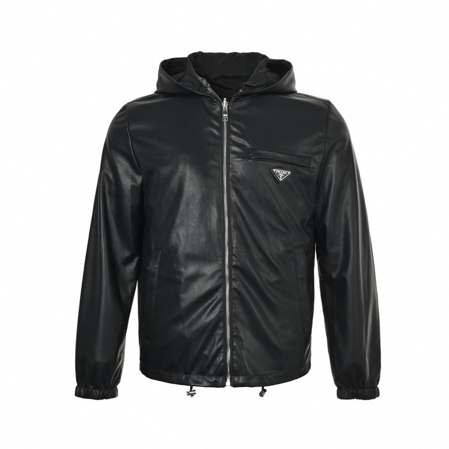 Prada Reversible Hooded Jacket – Black Leather & Nylon Dual-Finish