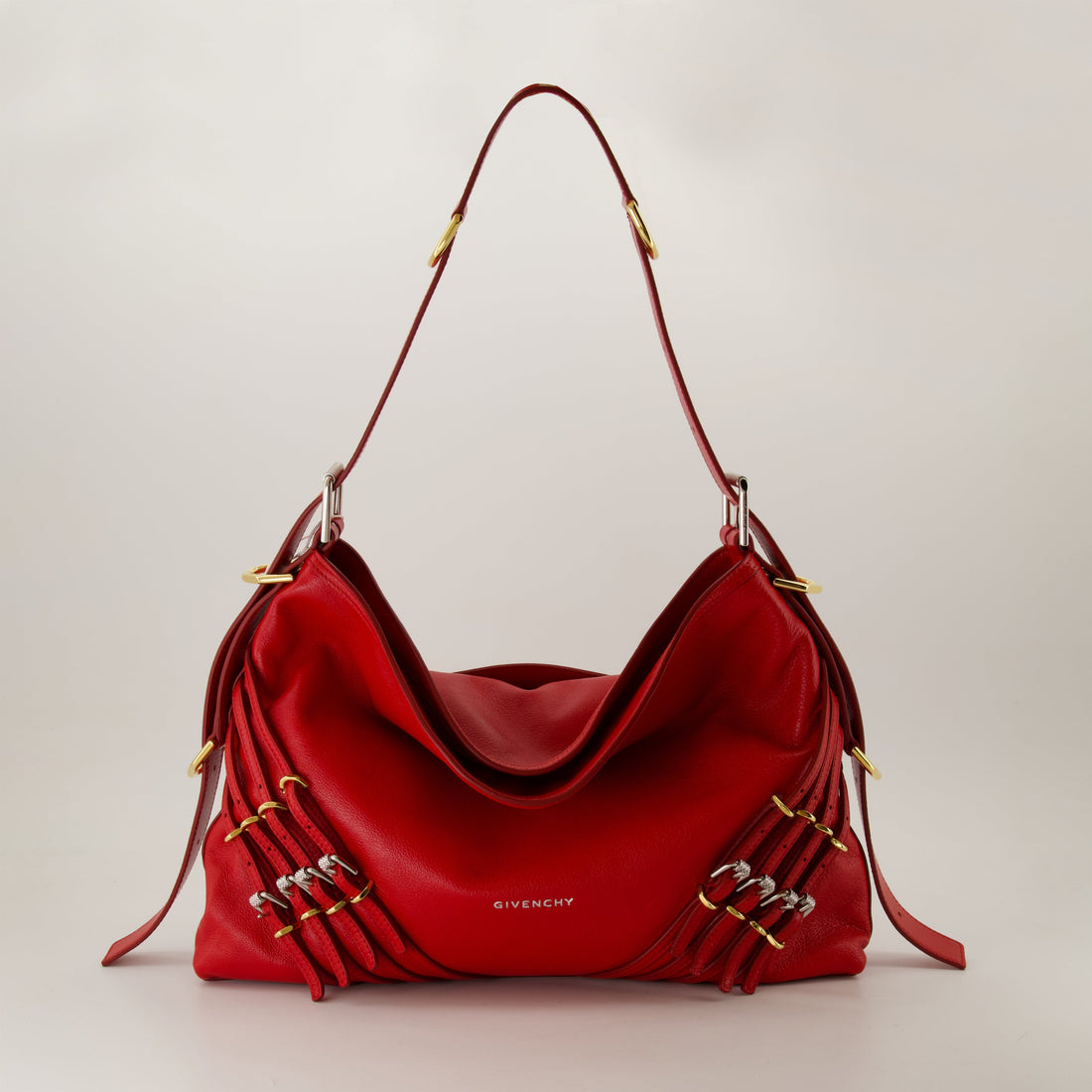 Red Leather Slouchy Shoulder Bag with Harness Detail