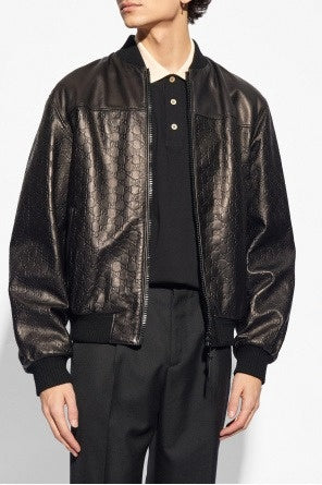 Gucci Black GG Monogram Leather Bomber Jacket - image 3