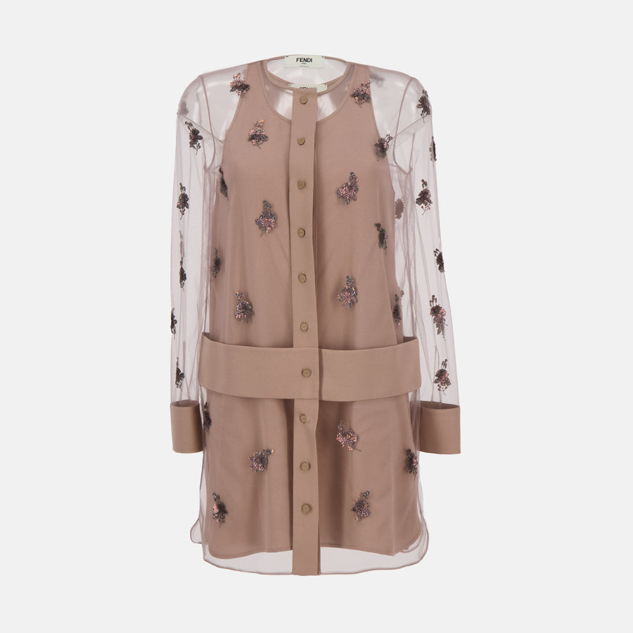Fendi Embellished Sheer Overlay Shirt Dress