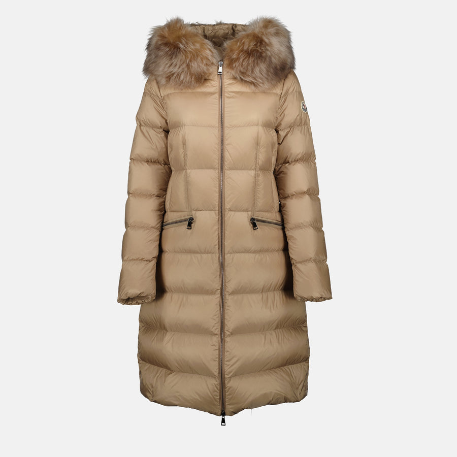 Moncler Long Beige Fur-Trim Down Coat
