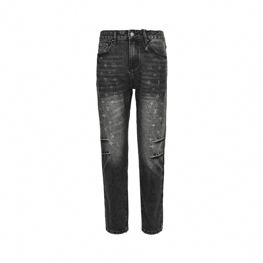 Black Washed Denim Jeans with Monogram & Cowboy Embroidery