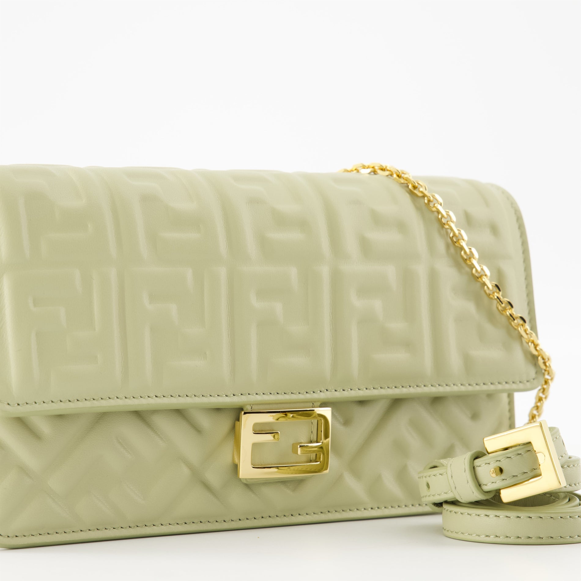 Fendi Baguette Chain Wallet – Embossed Leather (Sage Green) - image 3