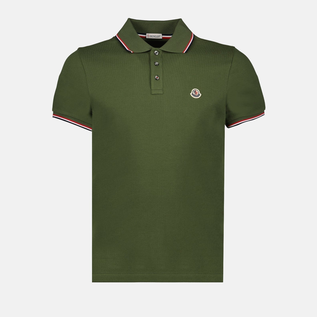 Moncler Olive Green Polo Shirt with Signature Tricolor Trim