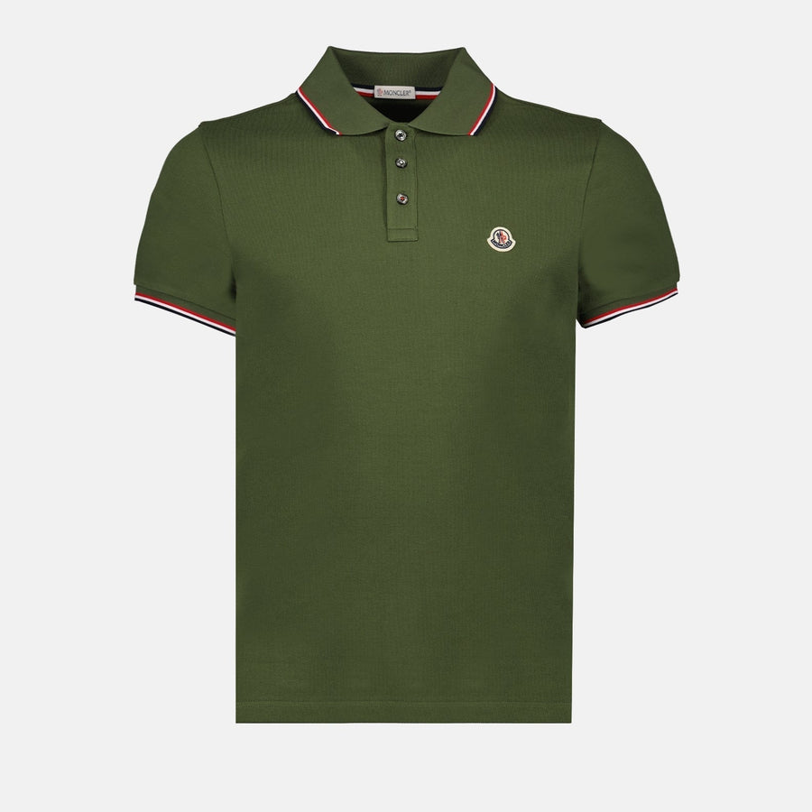 Moncler Moncler Olive Green Polo Shirt with Signature Tricolor Trim
