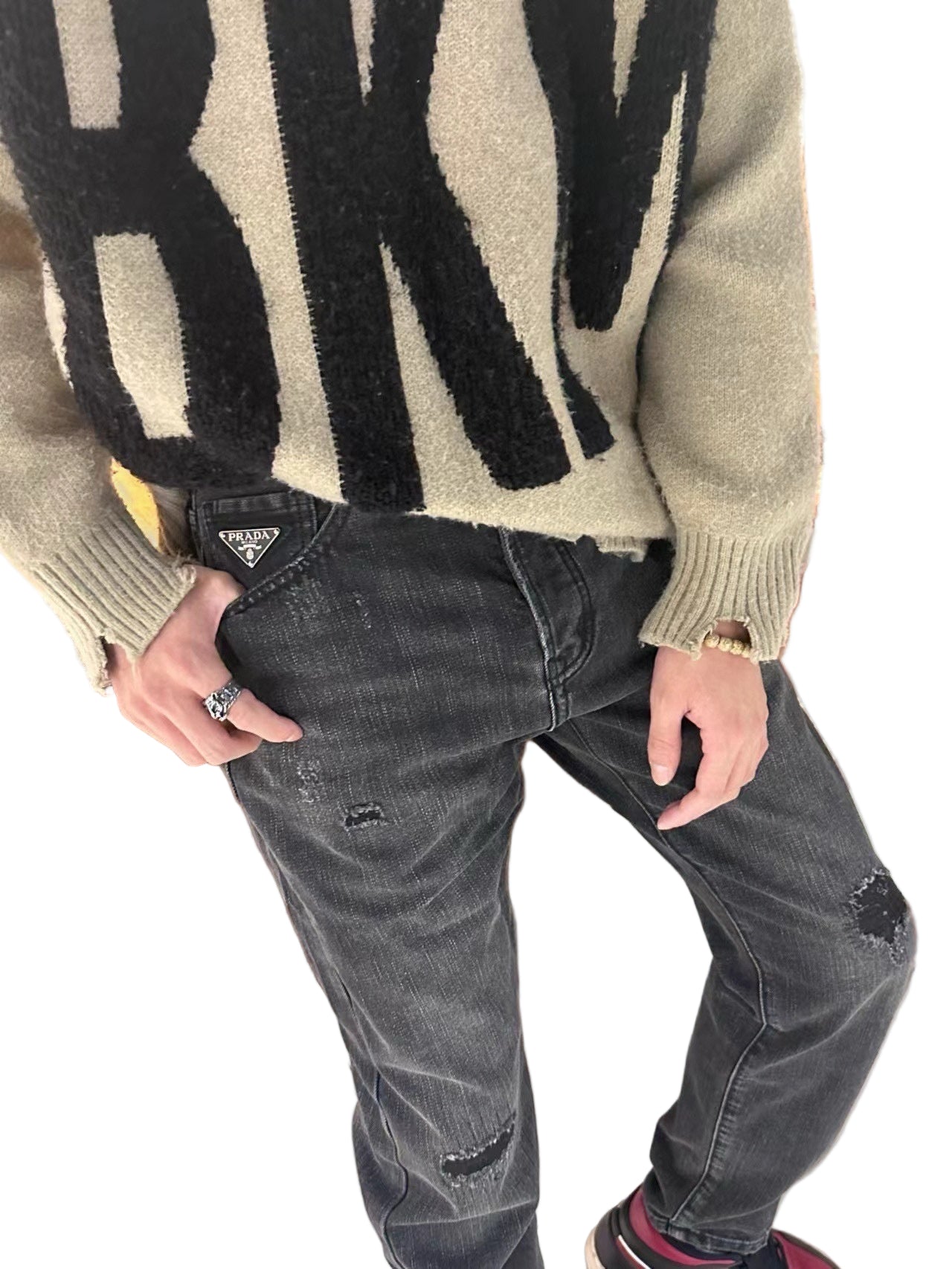 Prada Distressed Black Denim Jeans with Embroidered Back Logo - image 8