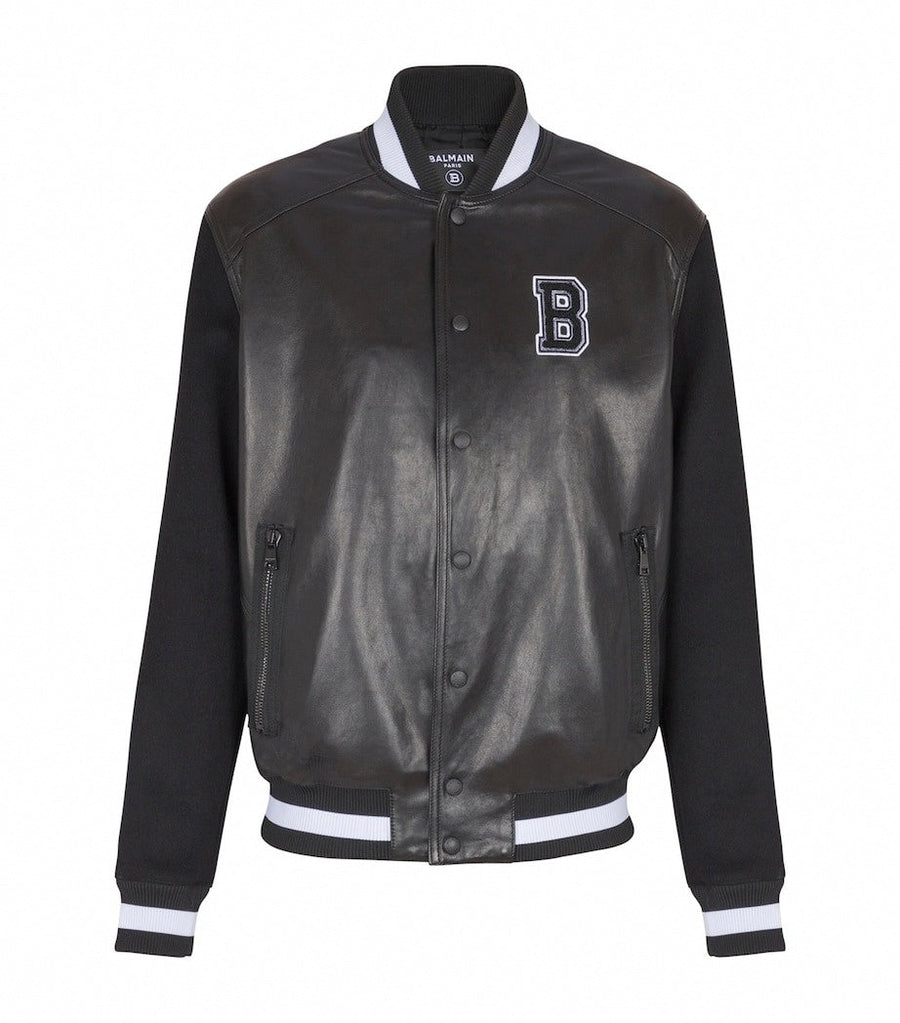 Balmain Leather & Wool Varsity Bomber Jacket