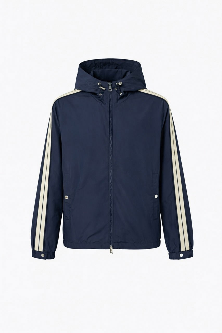 Moncler Hooded Nylon Jacket with Signature Stripe – Navy