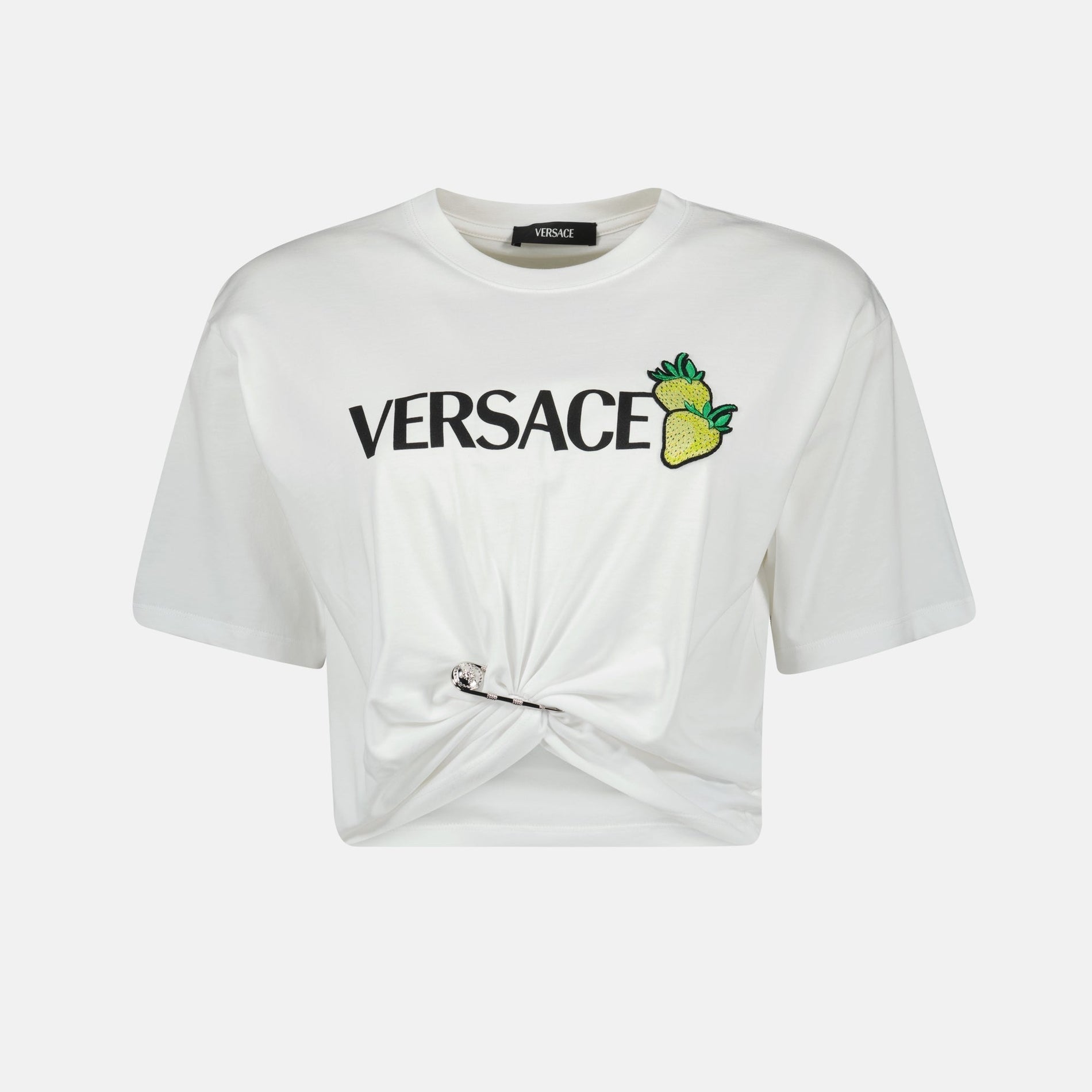 Versace Strawberry Logo Twist Crop T-Shirt – White