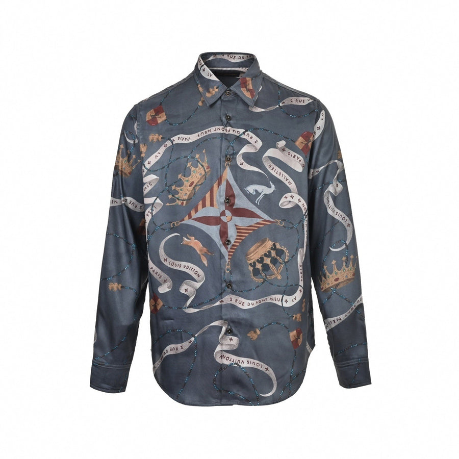 Louis Vuitton Crown & Ribbon "Pont Neuf" Print Silk-Finish Shirt