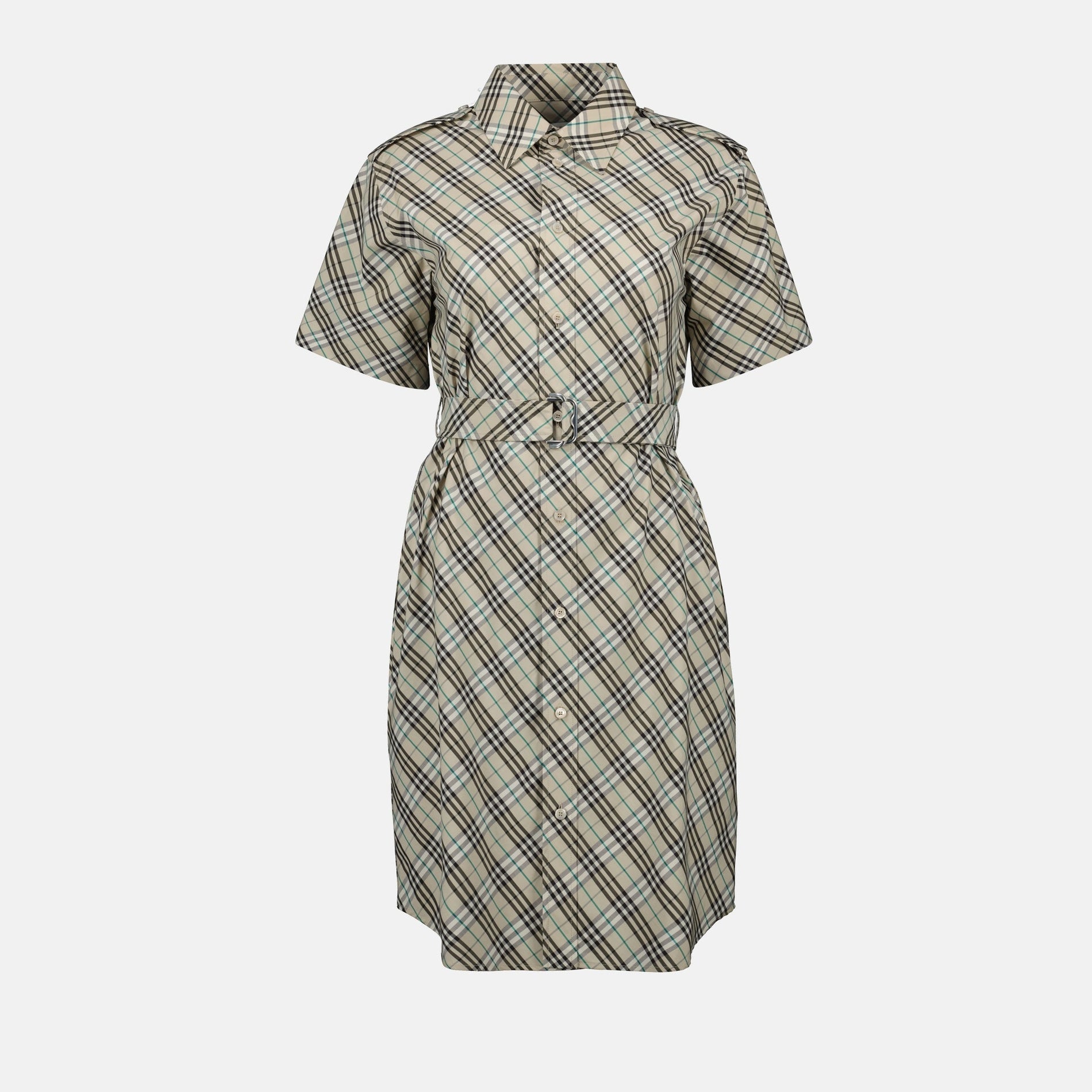 Burberry Short Sleeve Check Belted Shirt Dress – Light Beige