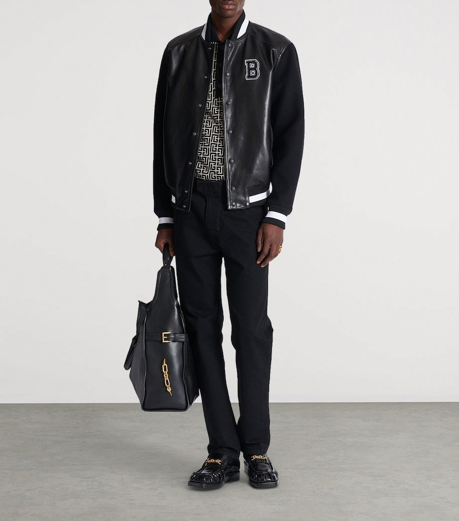 Balmain Leather & Wool Varsity Bomber Jacket - image 7