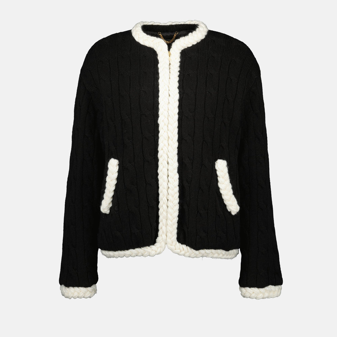 Black Cable-Knit Cardigan with Contrast Trim