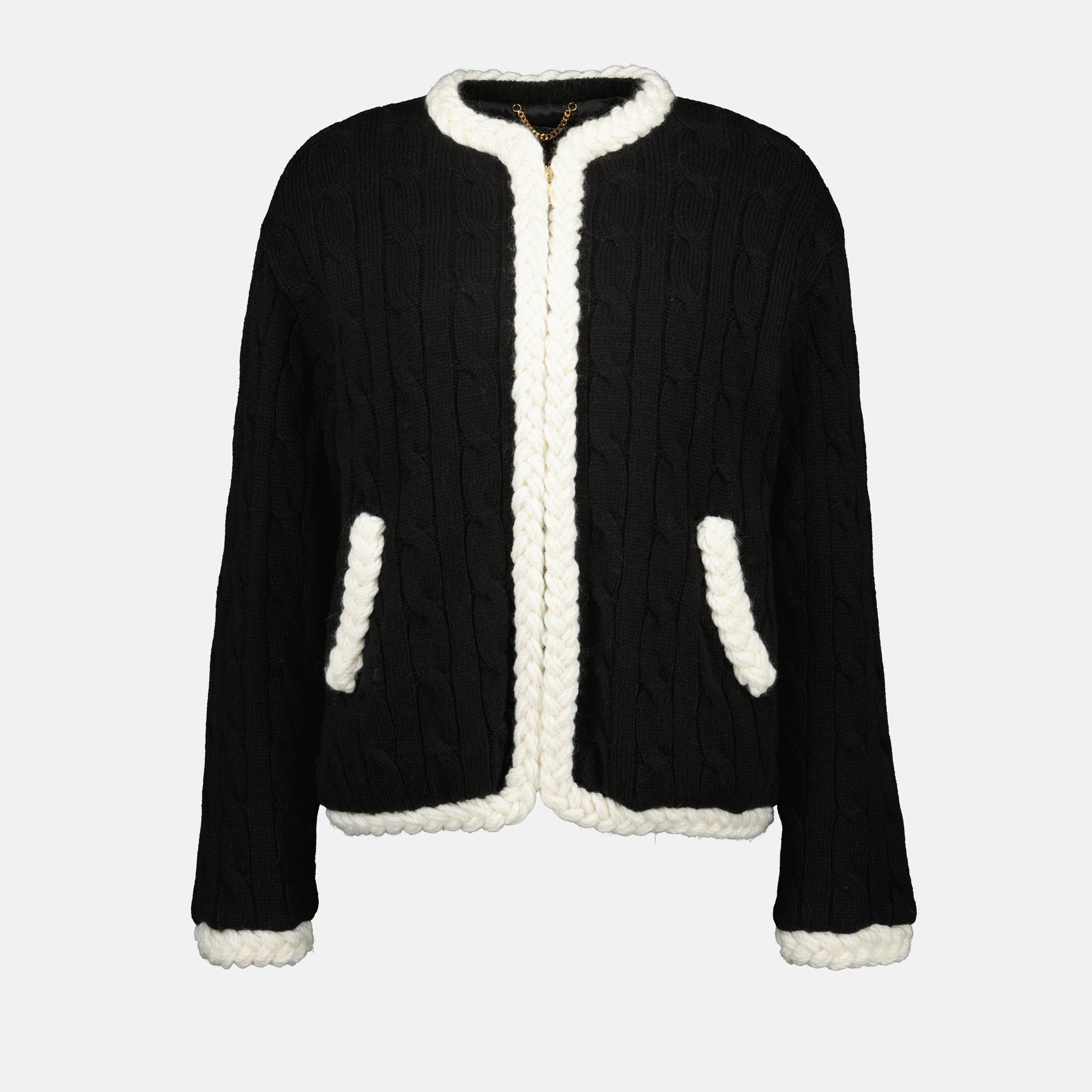 Moschino Black Cable-Knit Cardigan with Contrast Trim