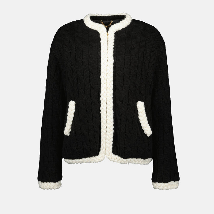 Moschino Black Cable-Knit Cardigan with Contrast Trim