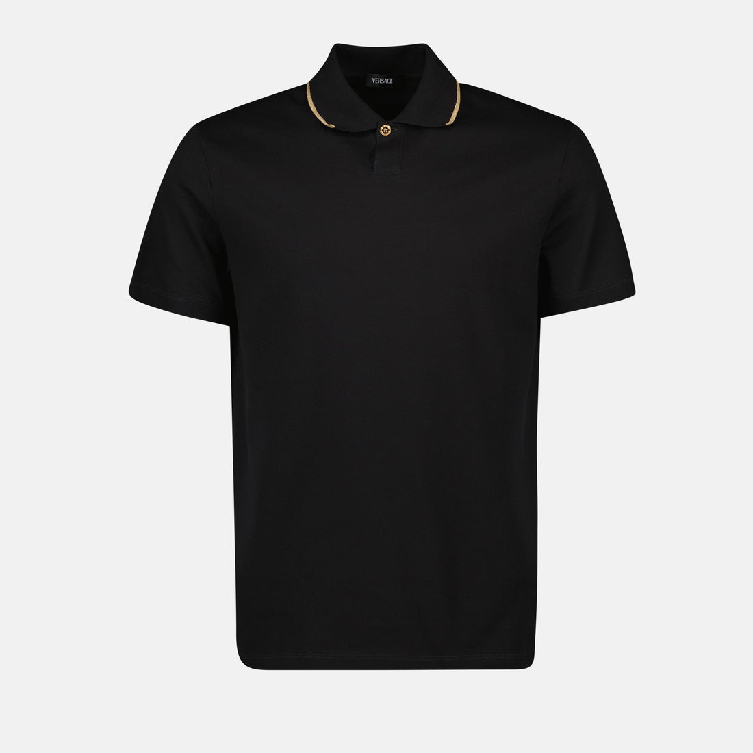 Versace Black Polo Shirt with Gold Medusa Button Detail