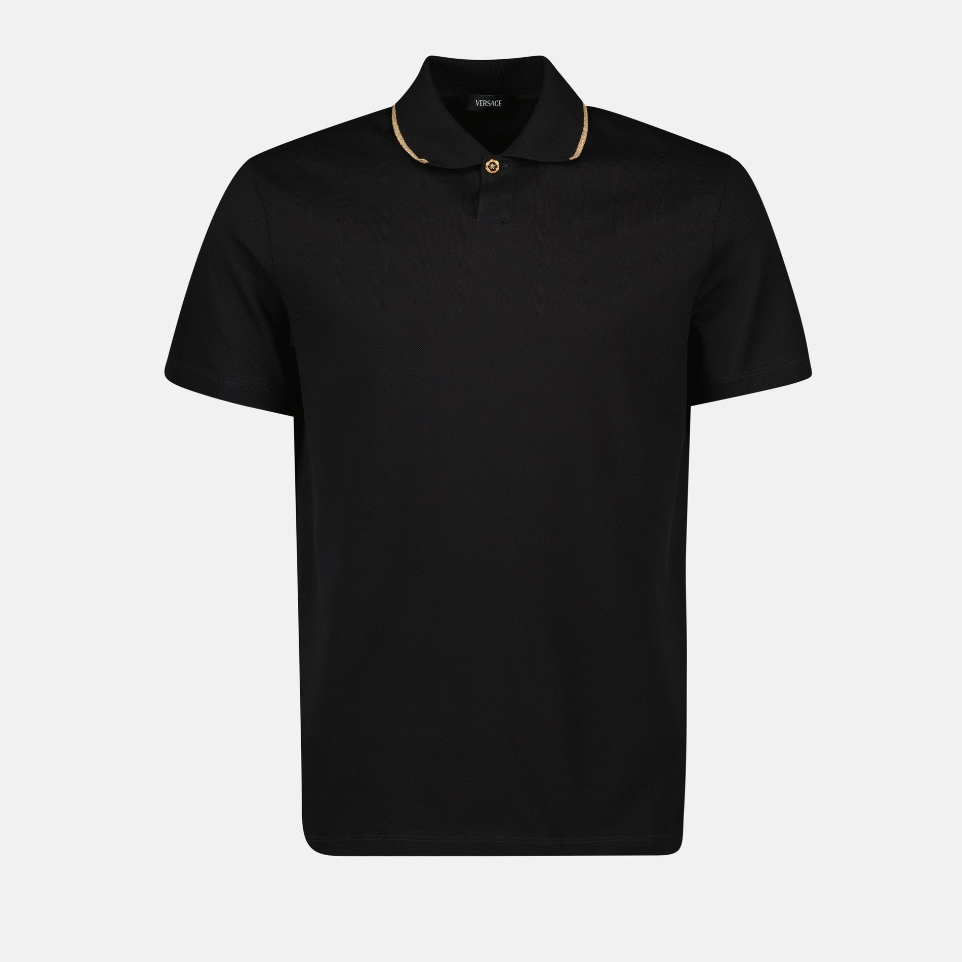 Versace Versace Black Polo Shirt with Gold Medusa Button Detail