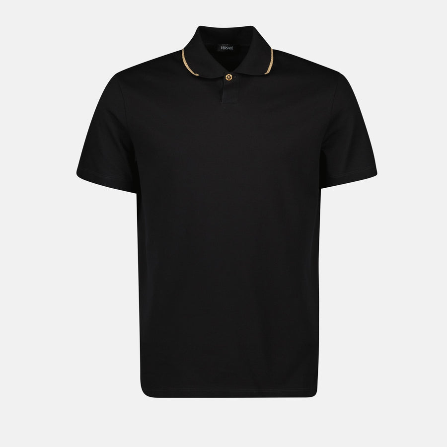 Versace Versace Black Polo Shirt with Gold Medusa Button Detail