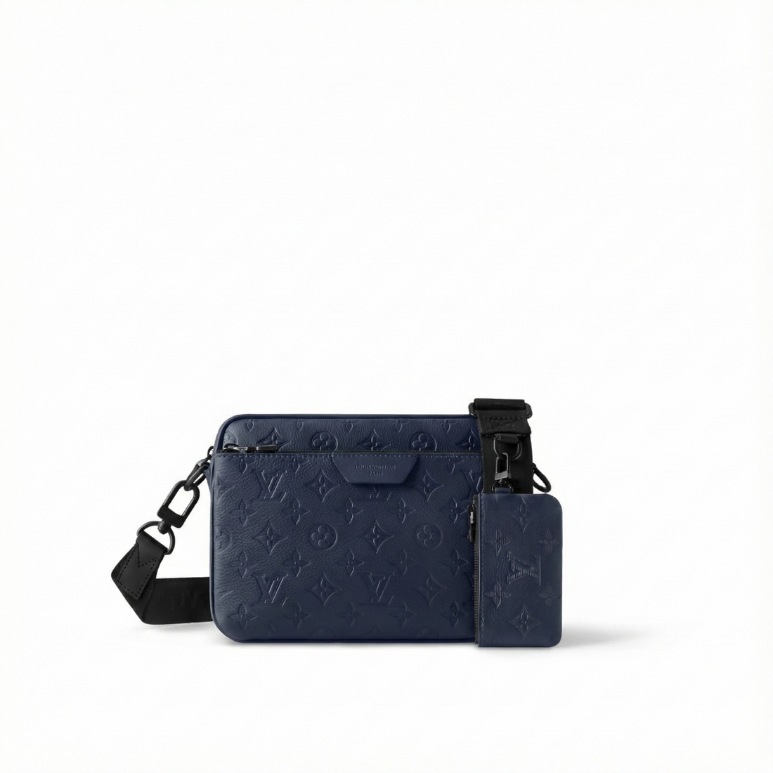 Monogram Embossed Leather Trio Messenger Bag (Navy Blue)
