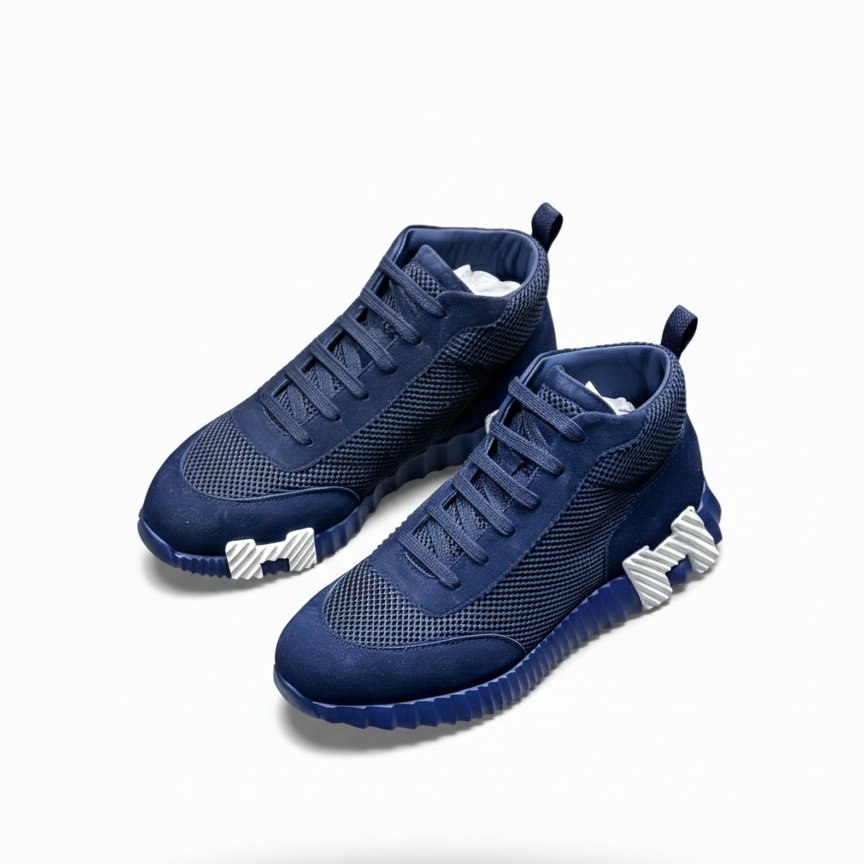 Hermes Bouncing High-Top Sneakers in Navy Suede and Mesh - image 4