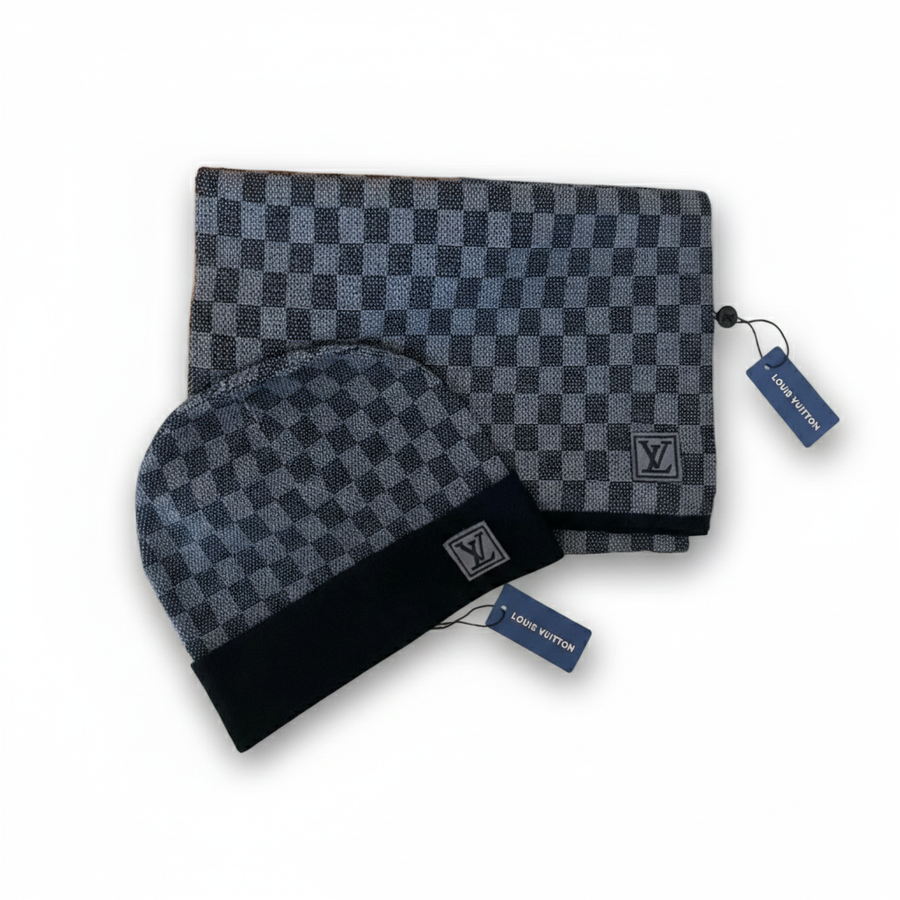 Louis Vuitton Dark Grey Damier Beanie & Scarf Set