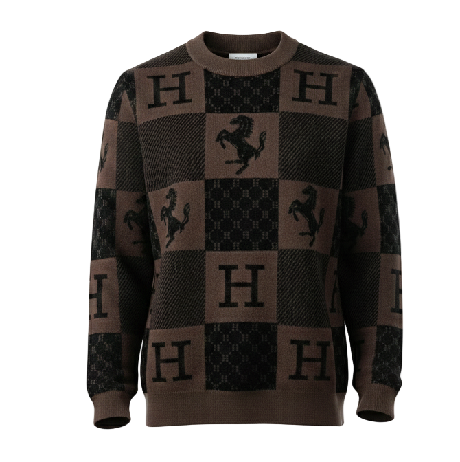 Hermes Checkered “H” & Horse Motif Wool Sweater