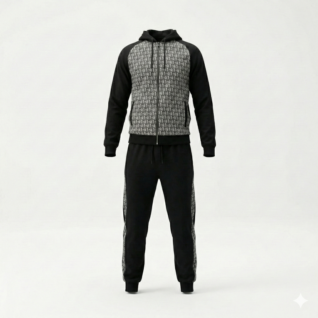 Oblique Hooded Tracksuit in Black with Grey Jacquard Panels