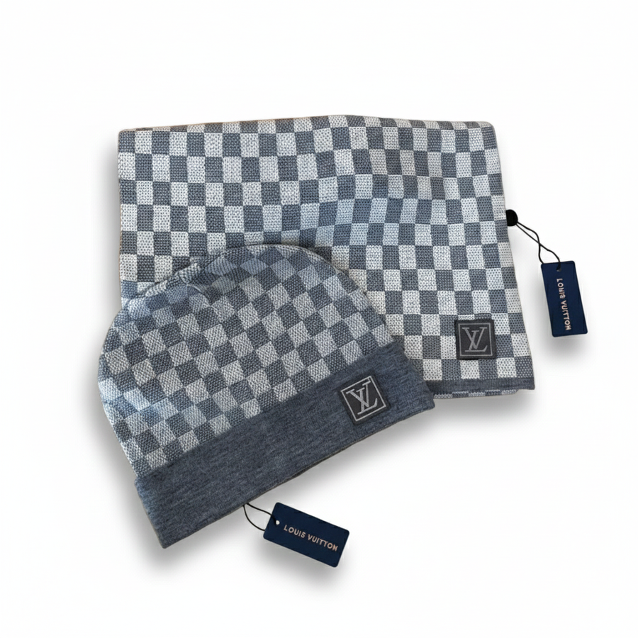 Louis Vuitton Light Grey & White Damier Beanie & Scarf Set
