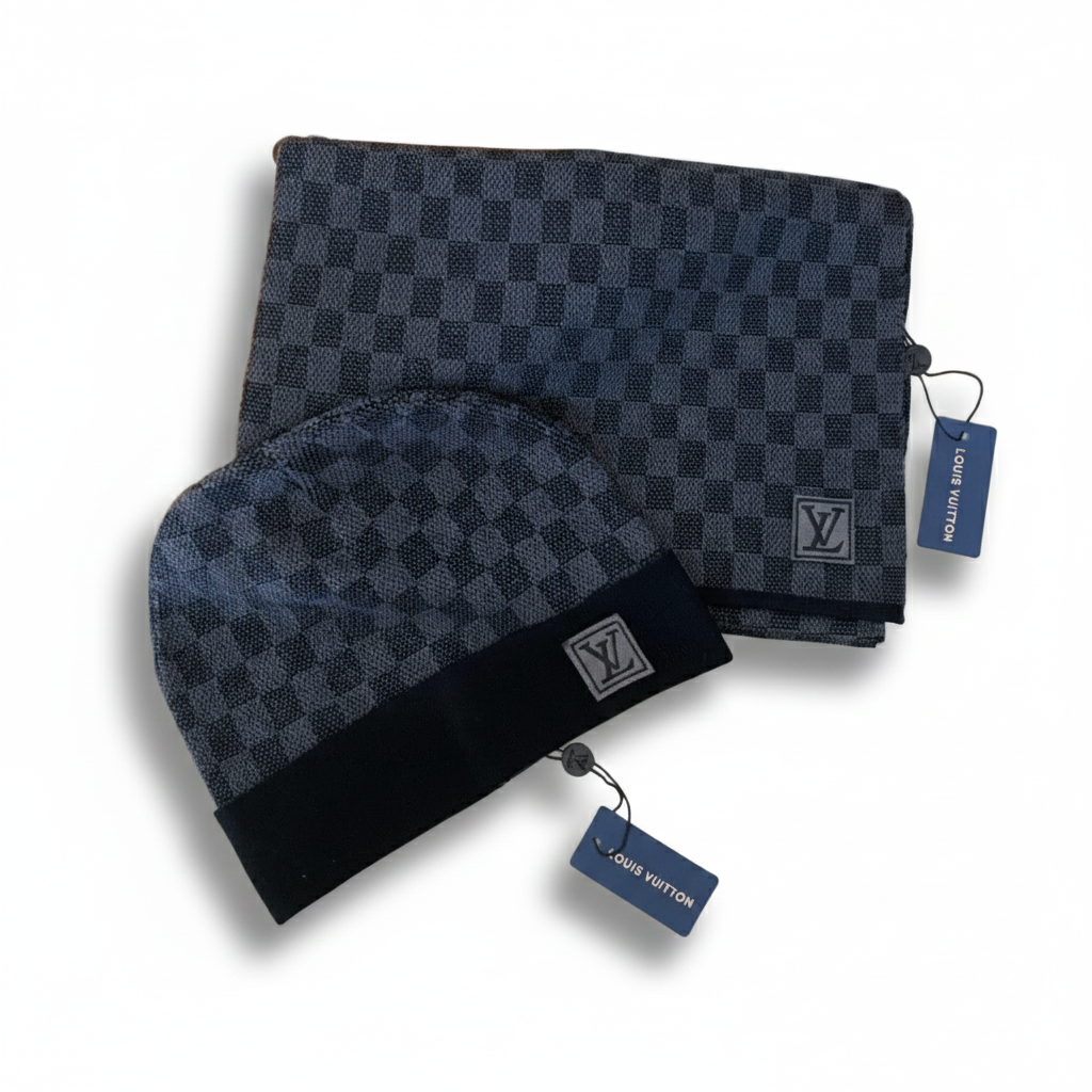 Louis Vuitton Black & Charcoal Néo Petit Damier Beanie & Scarf Set