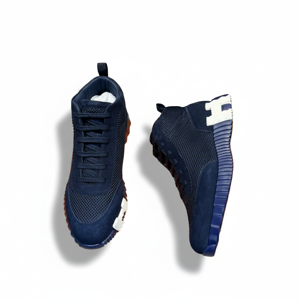 Hermes Bouncing High-Top Sneakers in Navy Suede and Mesh - image 5
